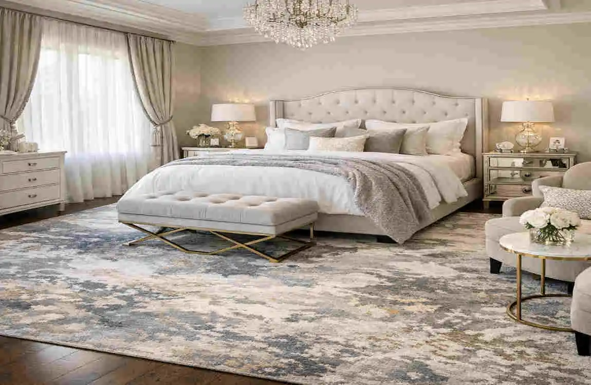 master bedroom design with sofa set and luxury rug