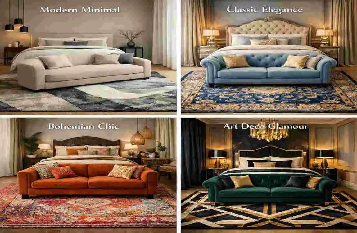 master bedroom design with sofa set and luxury rug
