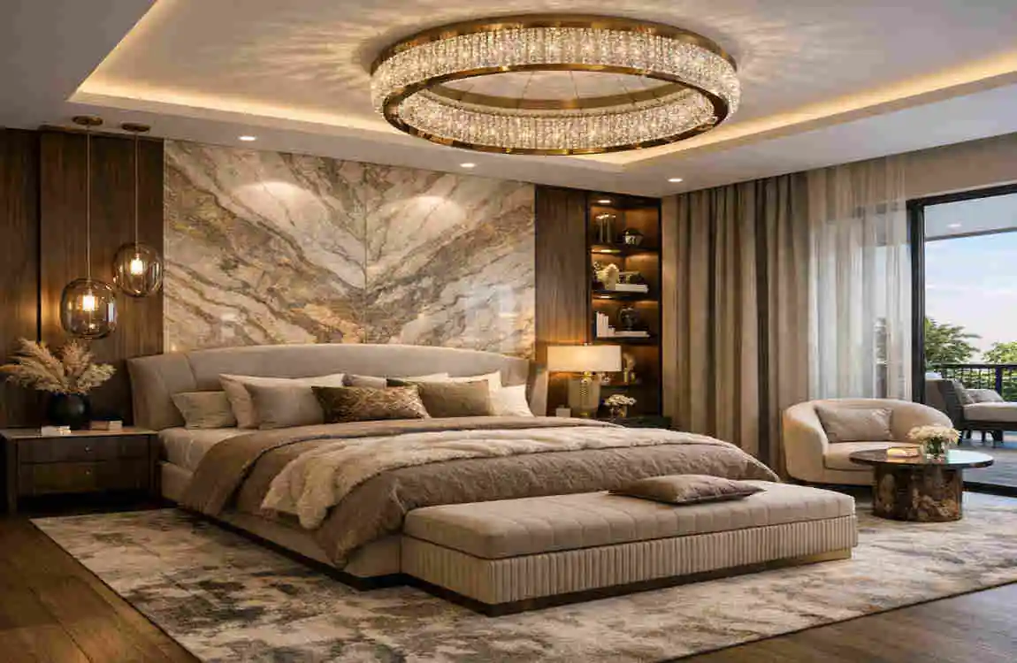 master bedroom design with sofa set and luxury rug